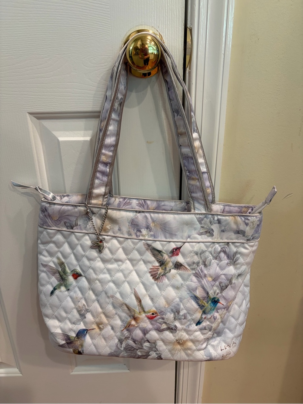 Lena Liu “Garden Treasures”Quilted Hummingbird Tote in White and Lavender